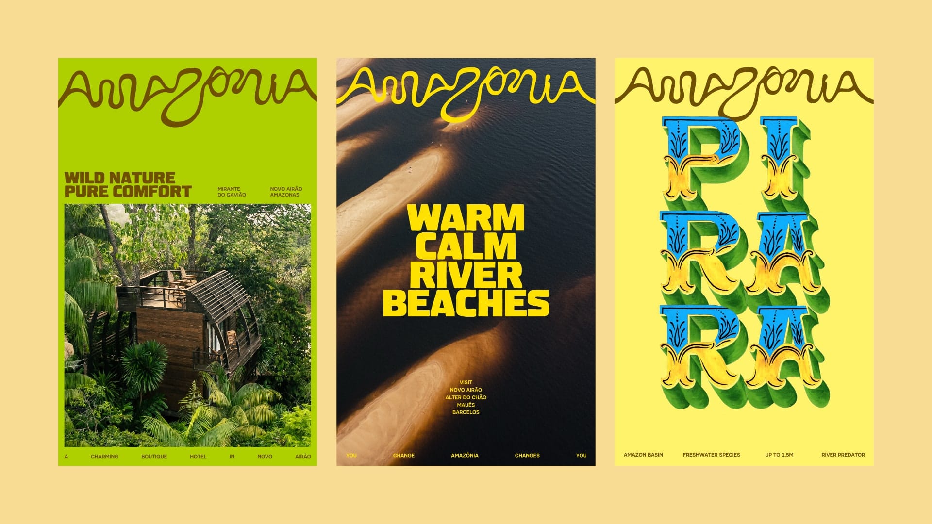 Image 10: Brand identity poster showcasing the 'Feito de Amazônia' seal and vibrant regional photography.