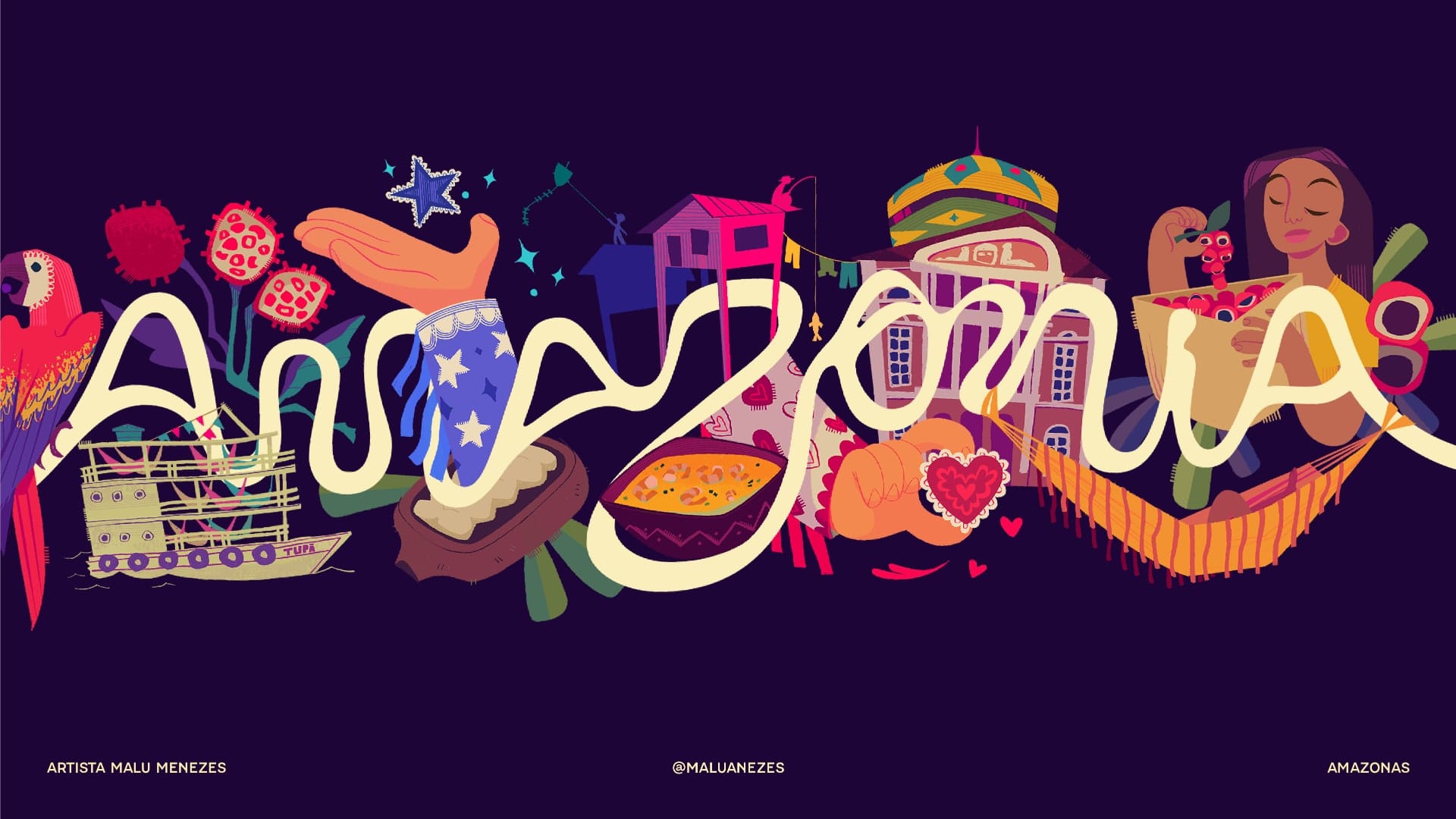 Image 5: Amazonia branding featuring a stylized, colorful fish illustration within the typographic system.