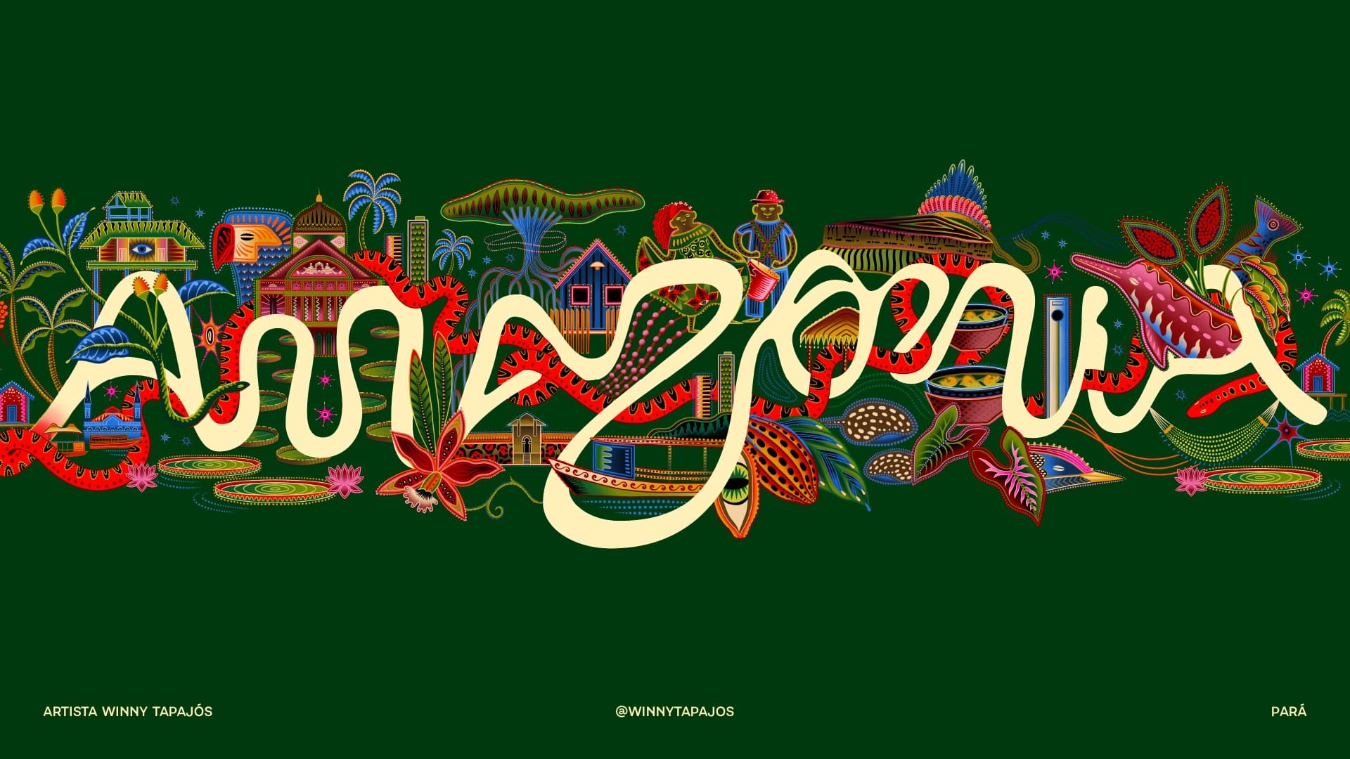 Image 3: Amazonia logo integrated with a colorful geometric illustration of a tropical bird.