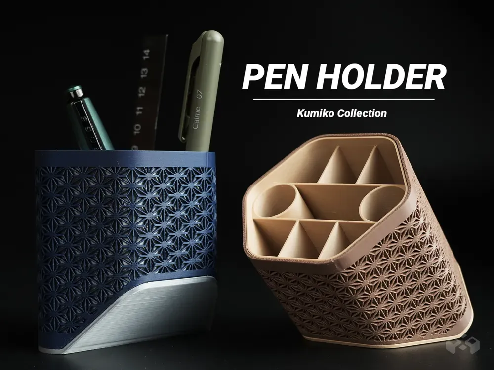 Image 1: Asanoha Kumiko pen holder 3D print two colorways on dark background