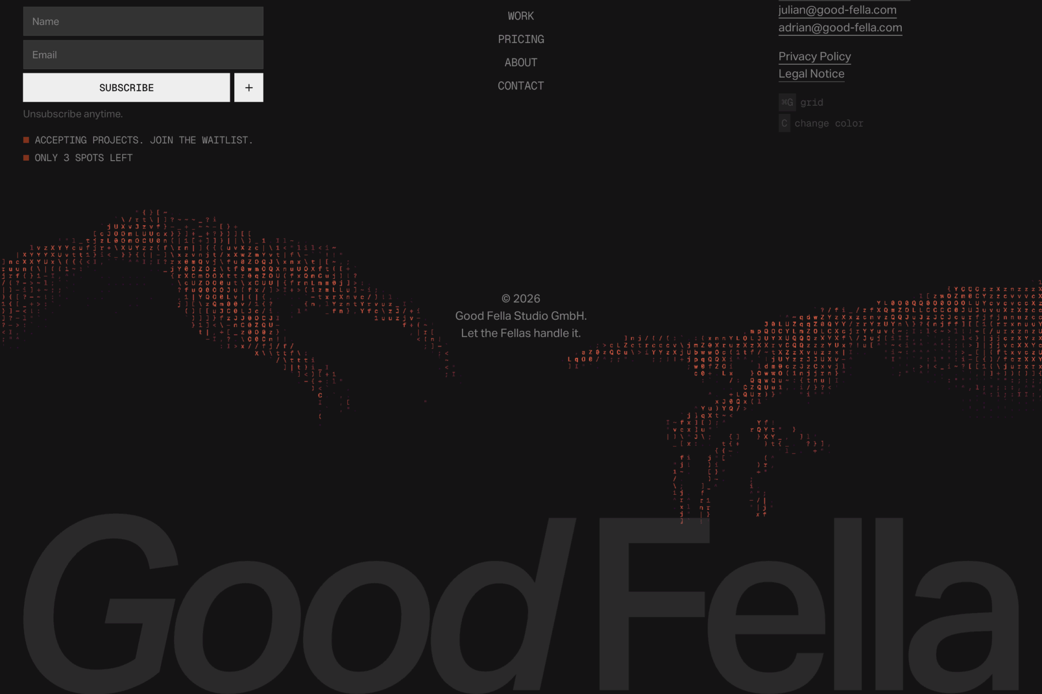 Image 4: Good Fella footer — dark background with ASCII art creature and oversized ghosted wordmark