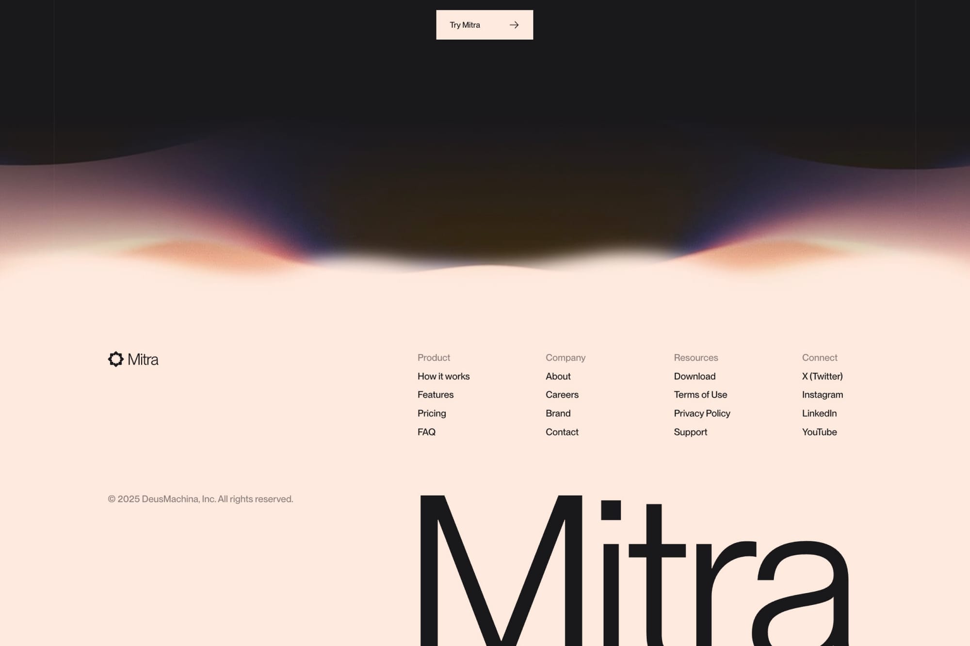 Image 5: Mitra footer — warm cream background with soft gradient haze, grid navigation, and oversized Mitra wordmark