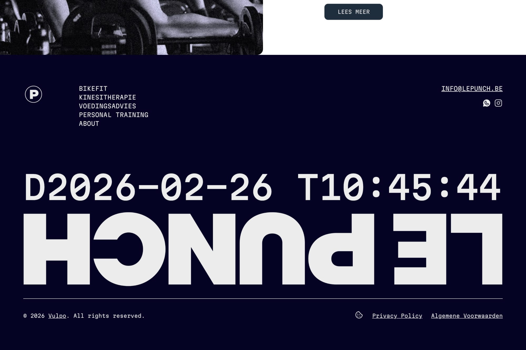 Image 2: Le Punch footer — navy dark background with mirrored brand name and live timestamp