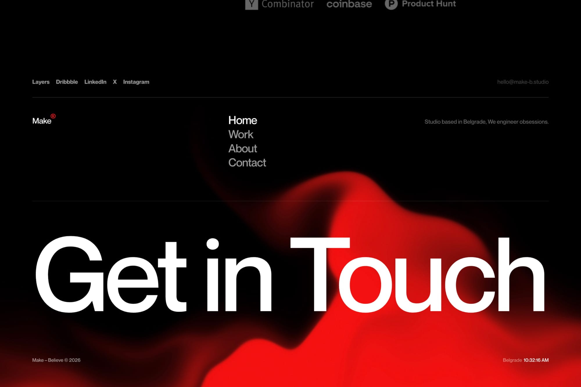 Image 3: Make-Believe footer — black canvas with red volumetric gradient and full-width Get in Touch type