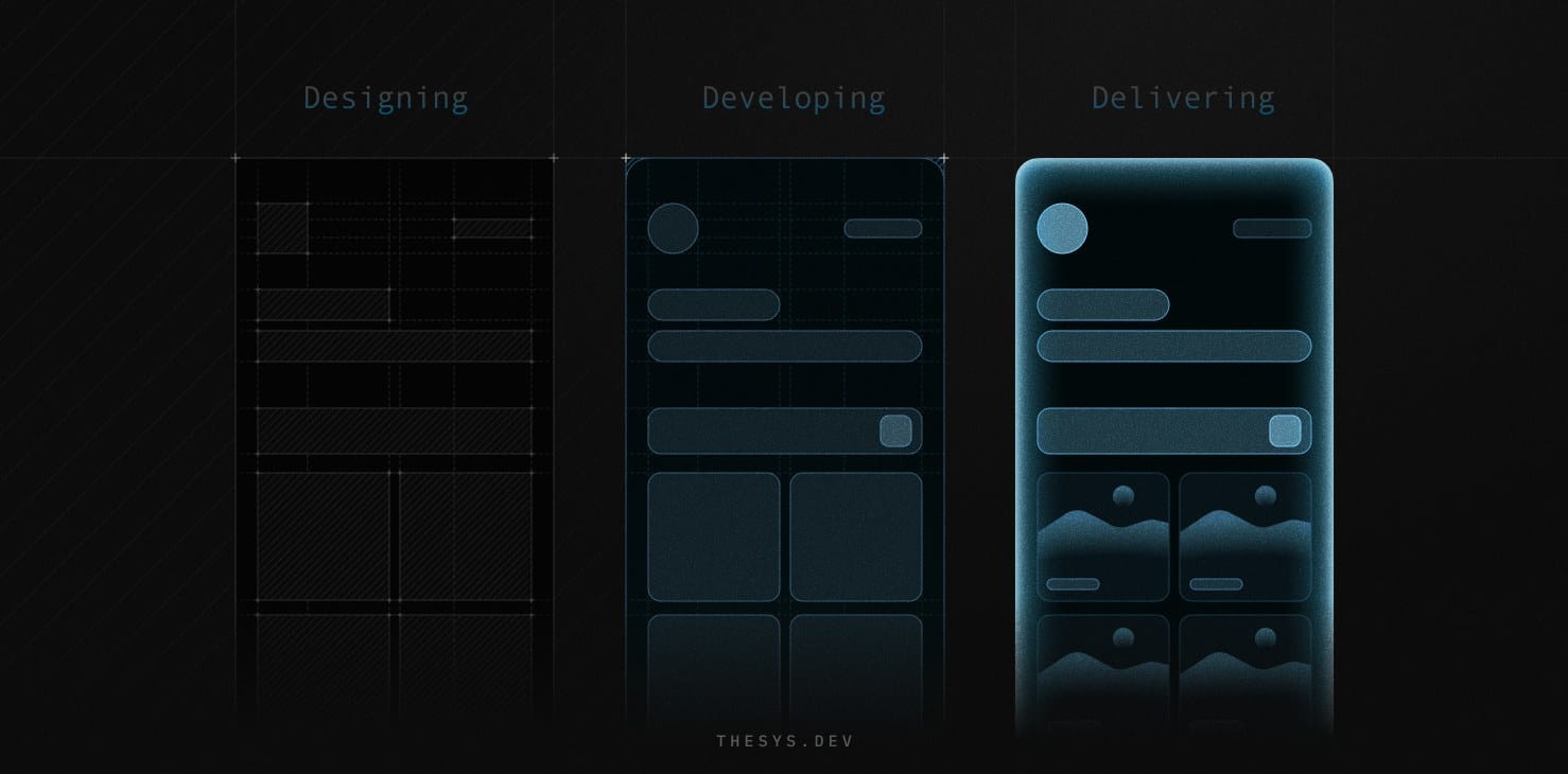 Image 2: Thesys generative UI workflow showing three stages: Designing, Developing, and Delivering a live interface