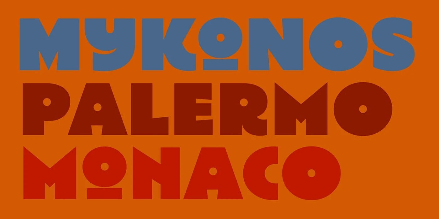 ATF Manarola font Soft Riso style: OLIVE OIL! in Risograph-textured letters on saturated yellow with illustrated olive overlays