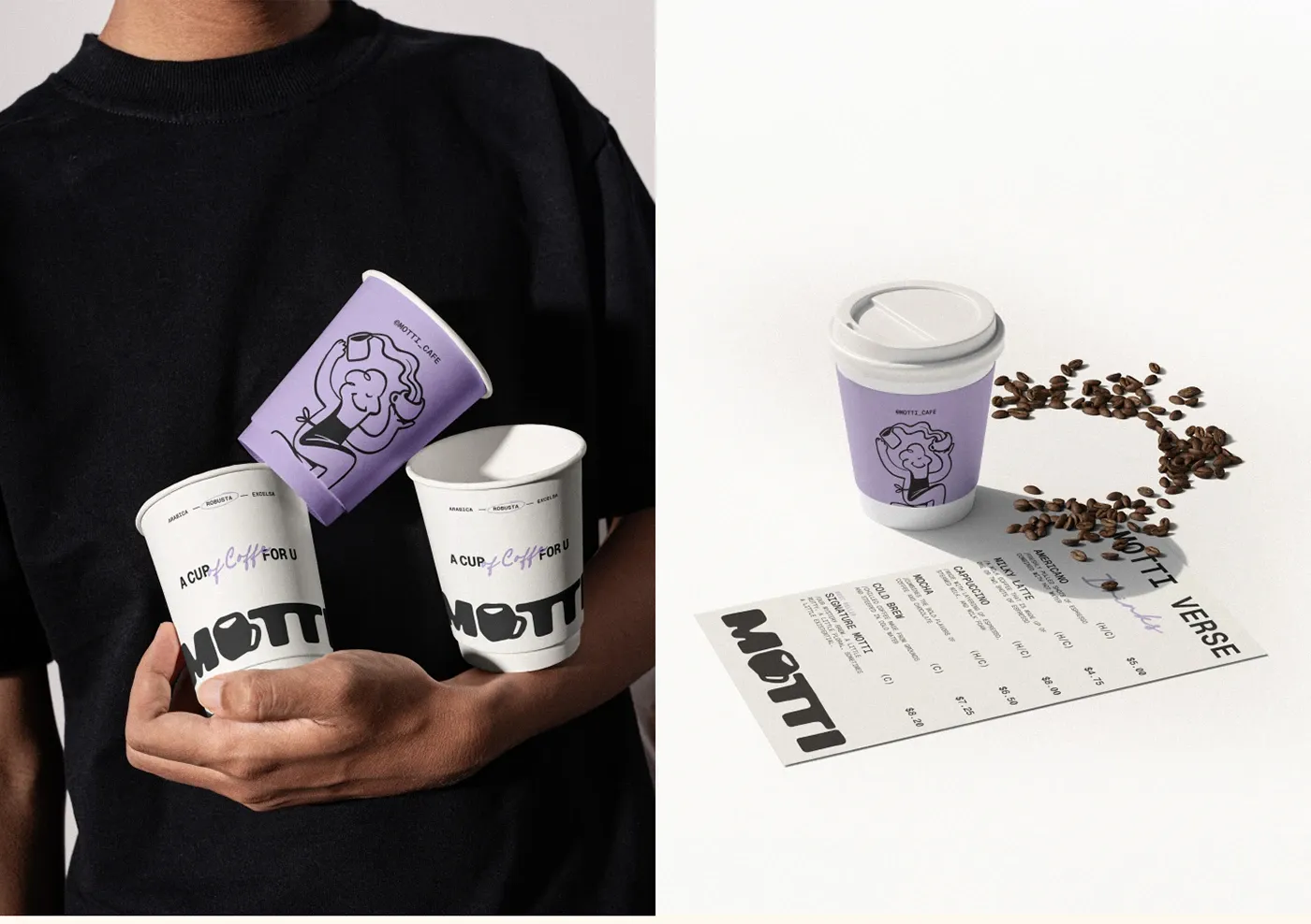 Cafe brand packaging mockup showing complete visual system