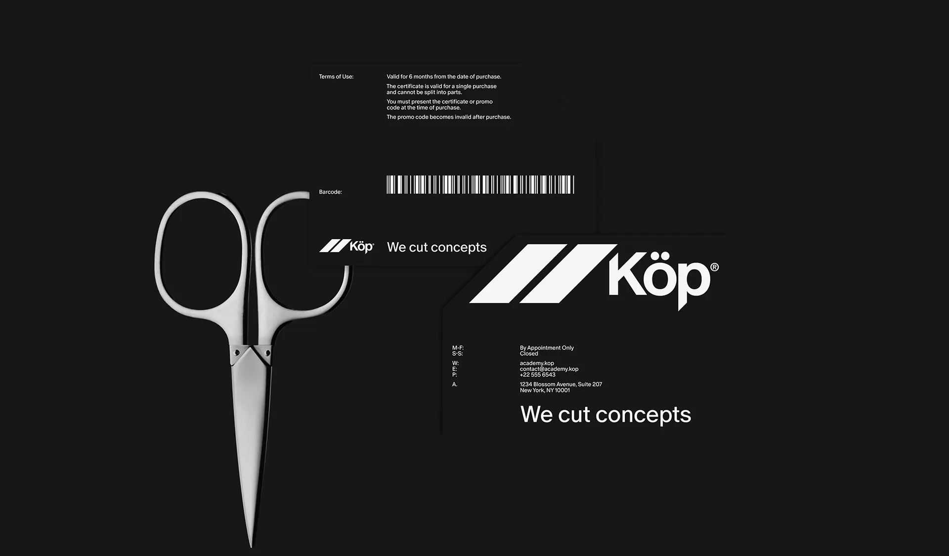 KOEP hair salon brand identity gift certificate with diagonal composition