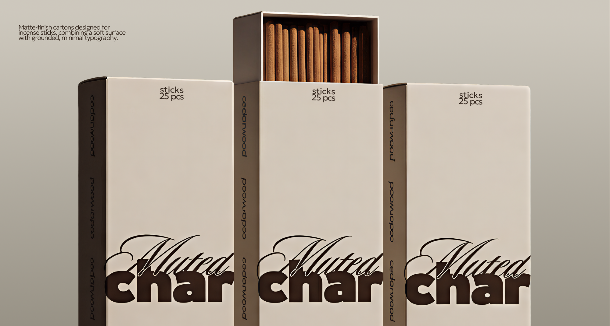 Muted Char minimal incense packaging design product against organic texture