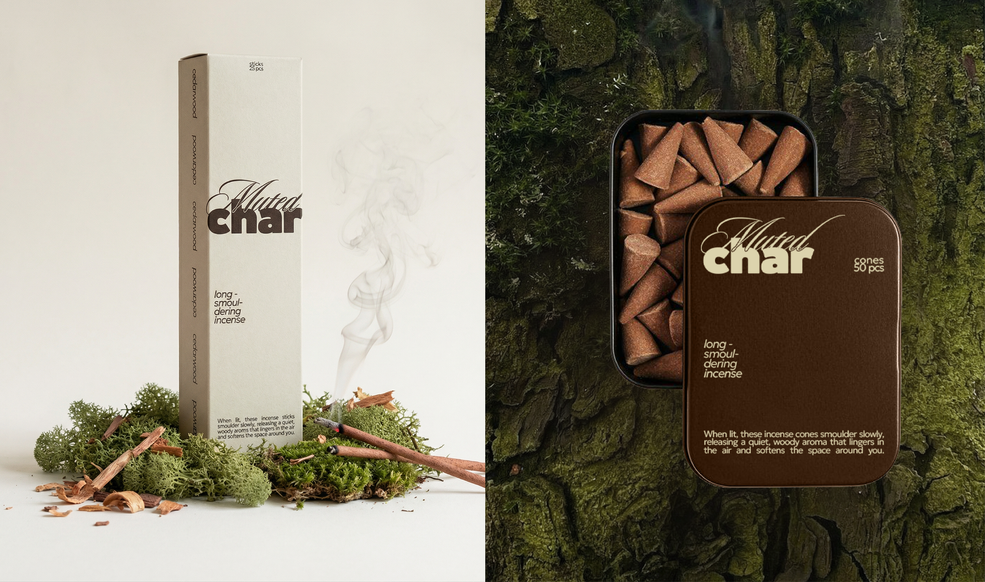Muted Char incense brand identity packaging design full system view