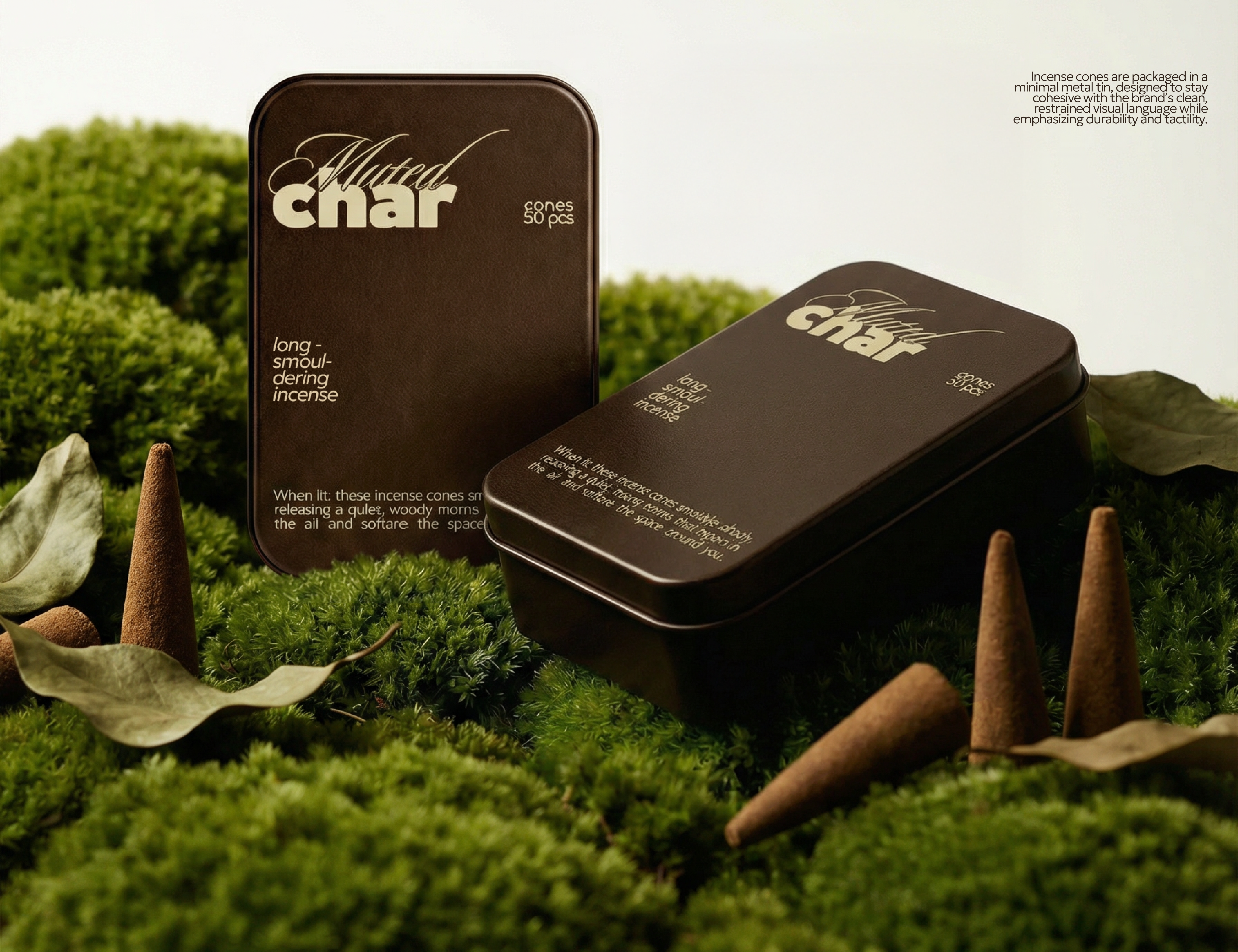 Muted Char incense packaging stick box pull-out drawer detail