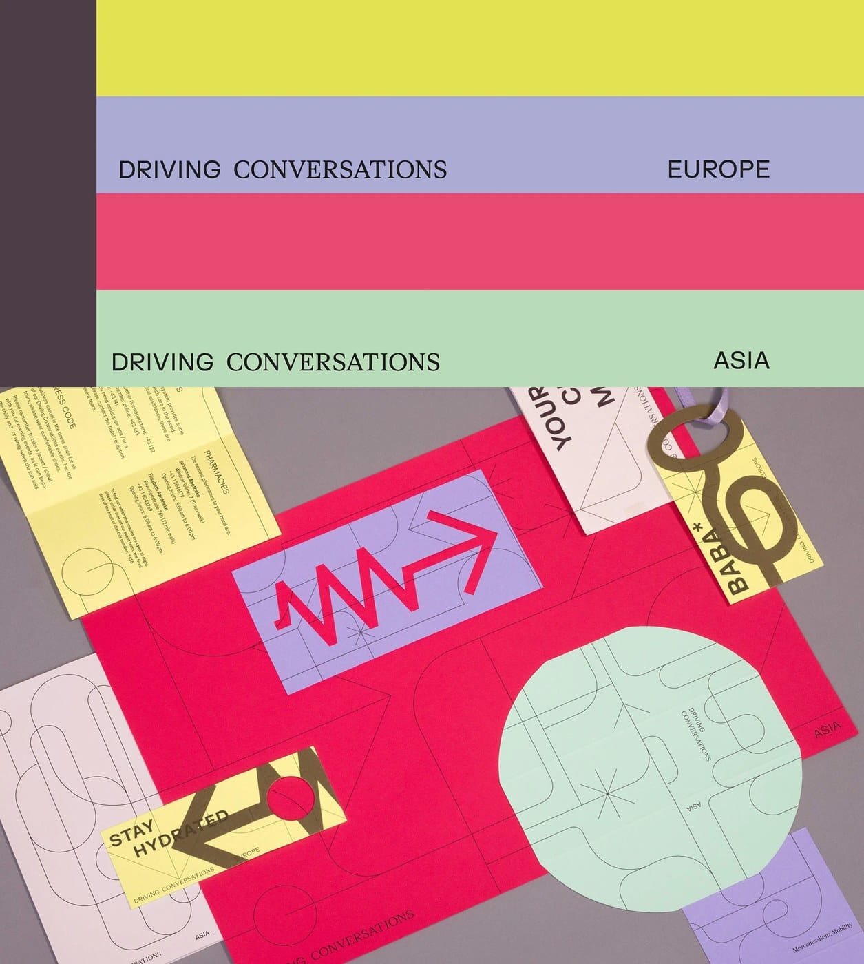 Image 5: print documentation of a yellow booklet with intersecting black visual identity paths