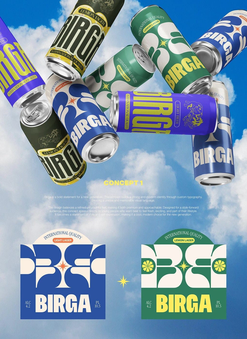 Image 3: Birga beer packaging design Light Lager and Lemon Lager bold typography two-color variants