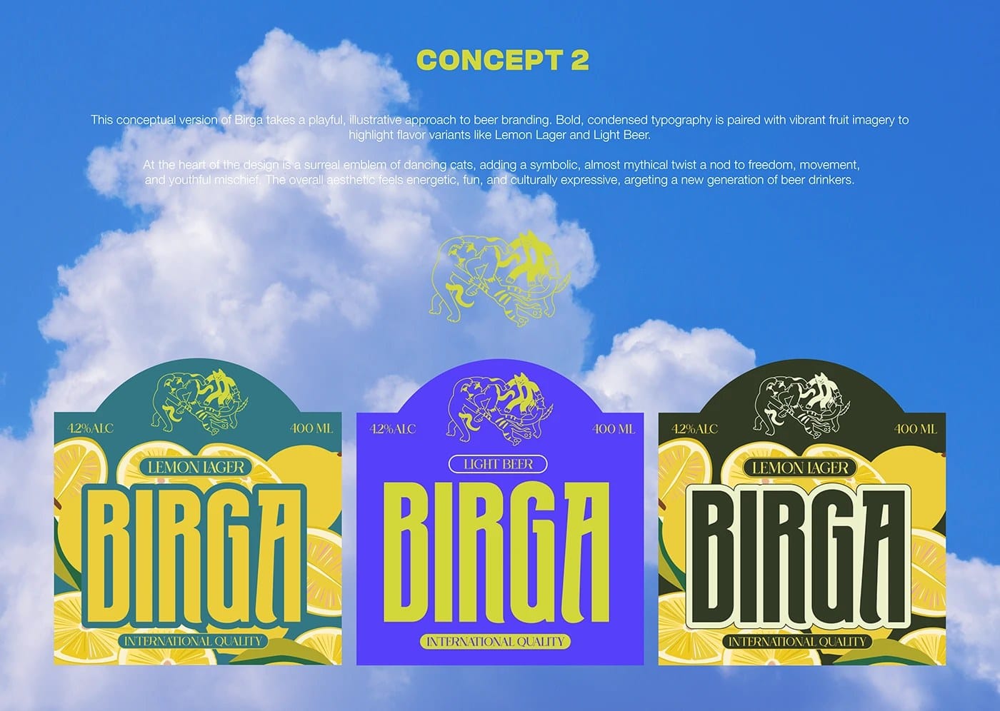 Image 4: Birga beer packaging design bottle trio saturated orange background bold B letterform