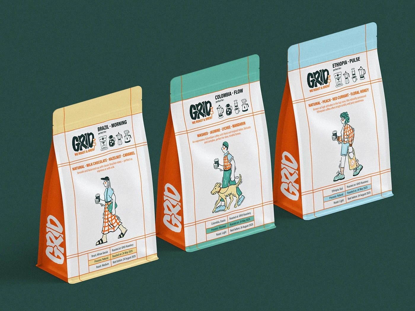 Image 3: GRID coffee shop brand identity design — urban orange grid-line frame borders on branded collateral