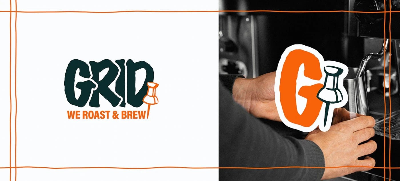 Image 2: GRID coffee shop brand identity design — coffee bag packaging with hand-drawn characters on cream and teal colorways