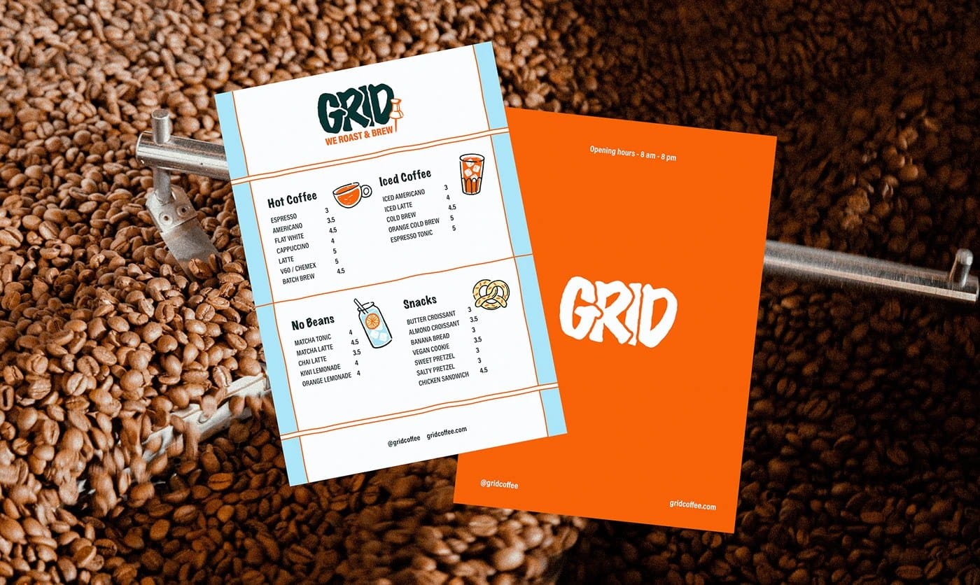 Image 5: GRID coffee shop brand identity design — system scale from packaging to branded socks using unified grid rules