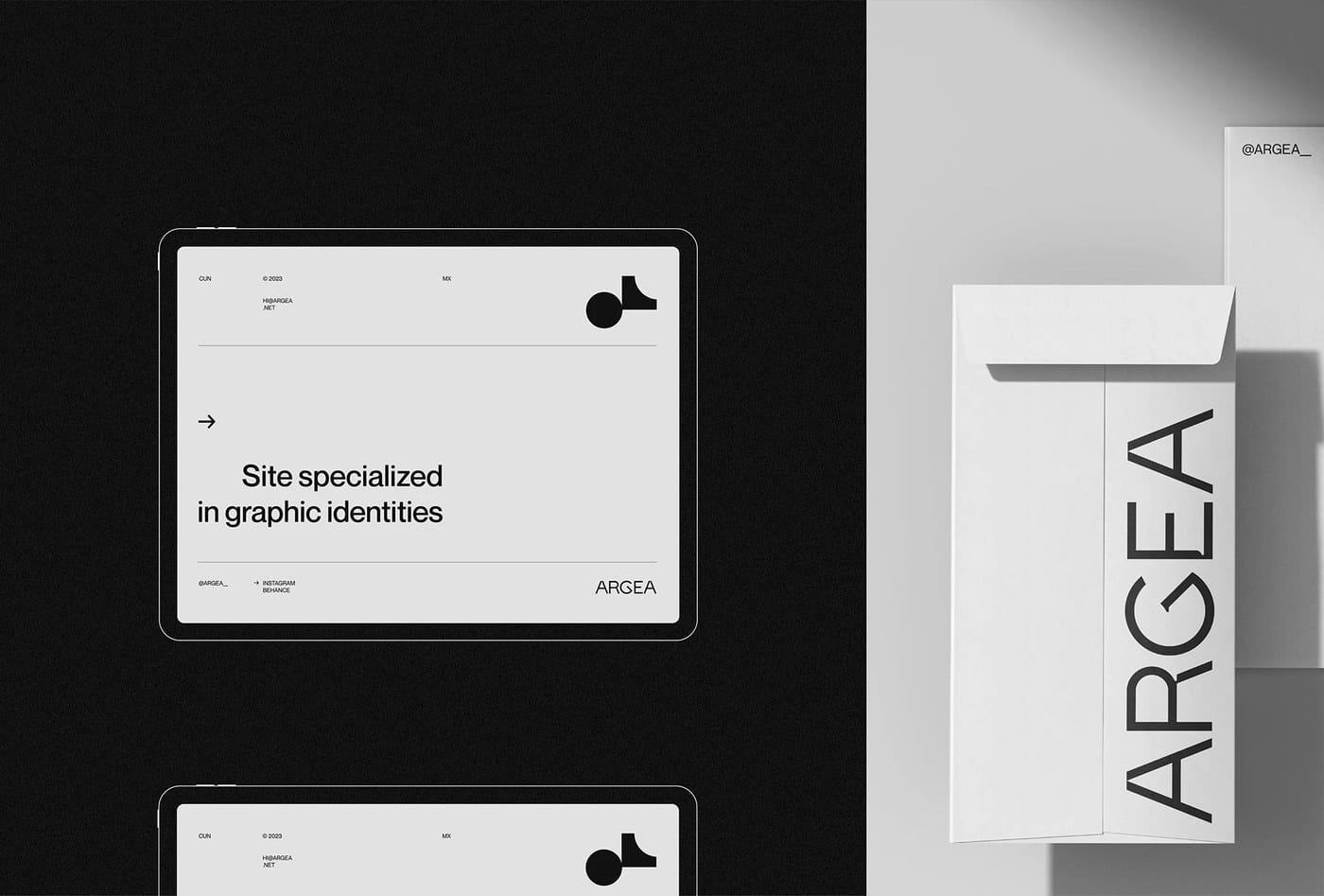 Image 2: Argea brand identity design black and white business card set on concrete surface