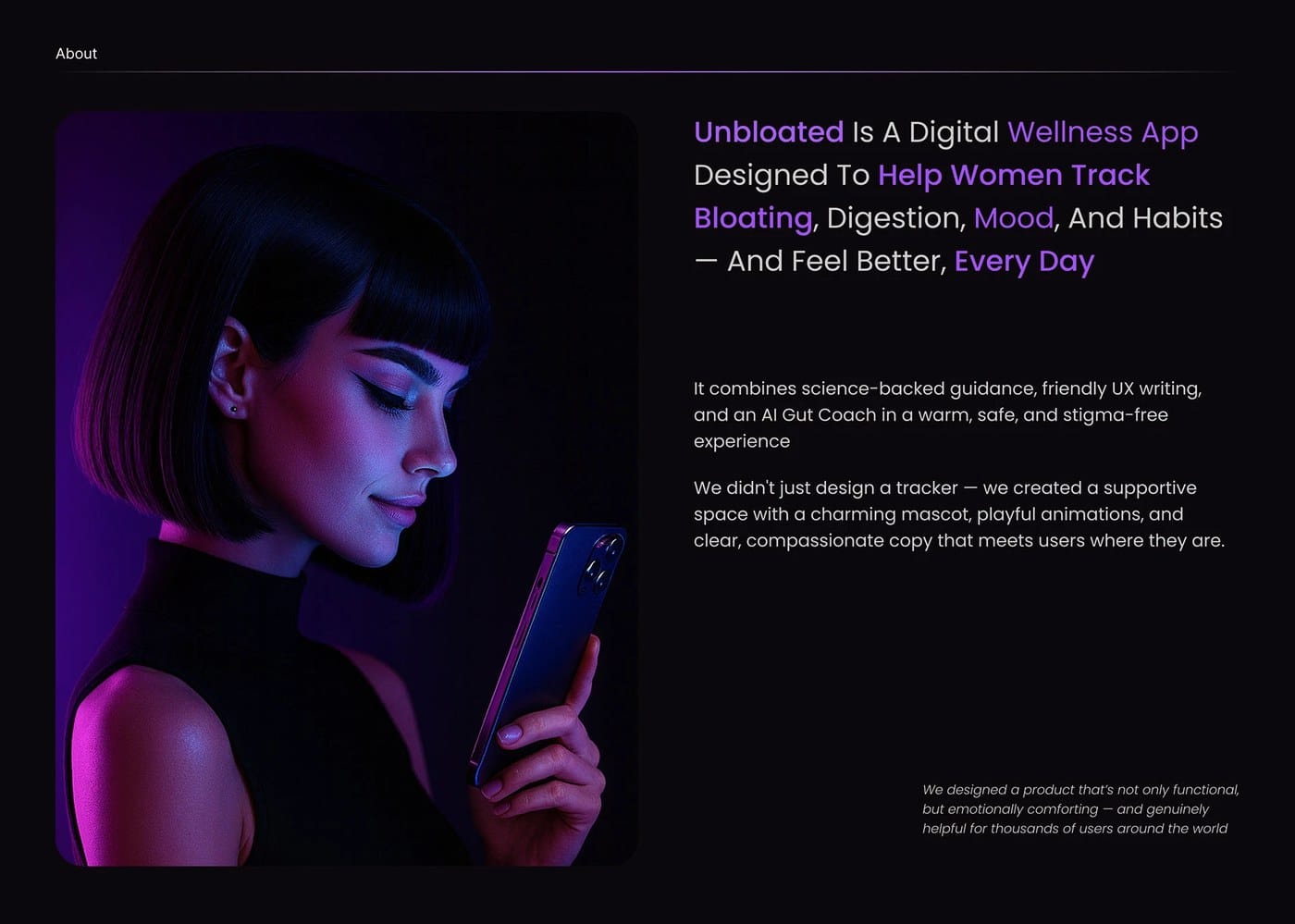 Image 2: Unbloated wellness app design onboarding screens dark theme