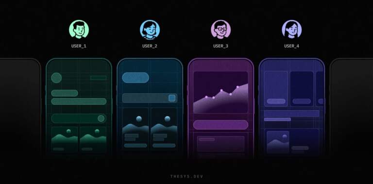 Image 1: Generative UI personalization — four users each receiving a distinct adaptive interface from the same Thesys generative UI system