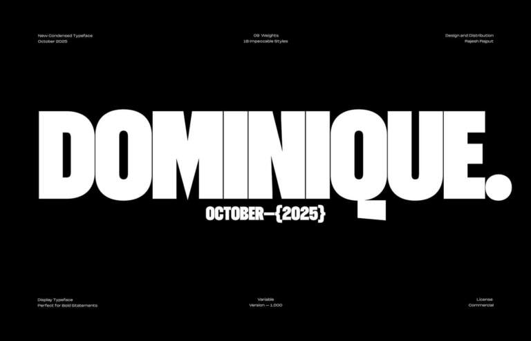 Dominique: Bộ font Variable dáng hẹp cân mọi layout với 18 phong cách cân đối Image 1: Dominique condensed display variable typeface title card in white on black