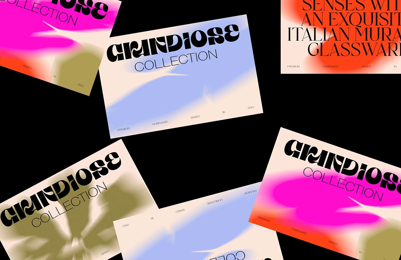 Image 4: Grandiose Collection glassware brand identity collateral — gradient-printed card with logotype on lavender background