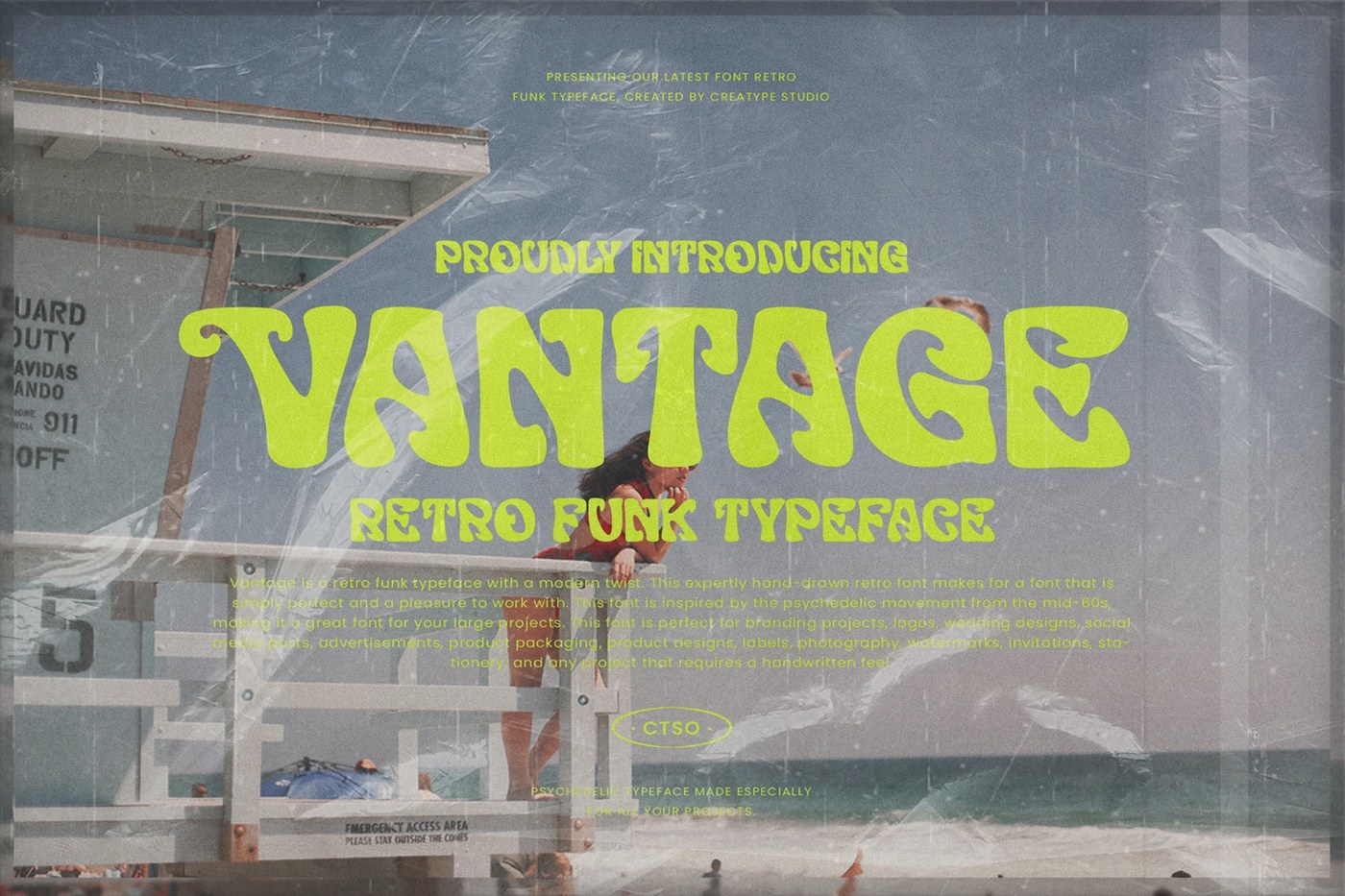 Image 1: Outdoor mockup showcasing the Vantage free font in a retro style.