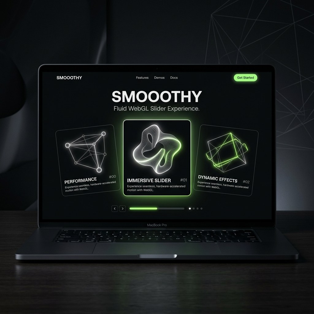 Image 1: Smooothy slider main WebGL interactive interface mockup in dark mode showing smooth 3D shape — graphic design by Federico Valla
