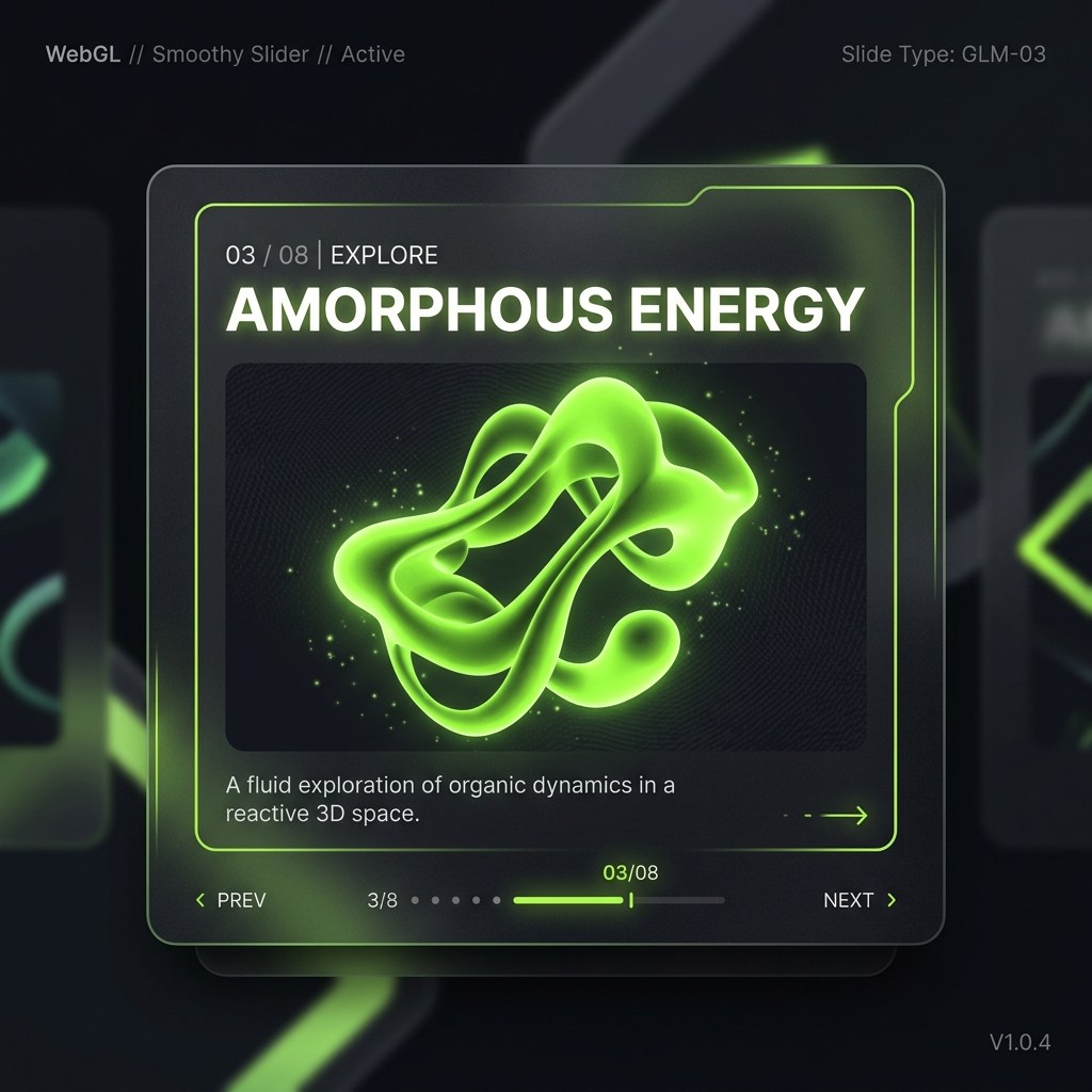 Image 2: A single slide card from the Smooothy interactive carousel featuring bold typography and organic floating neon-green — graphic design by Federico Valla