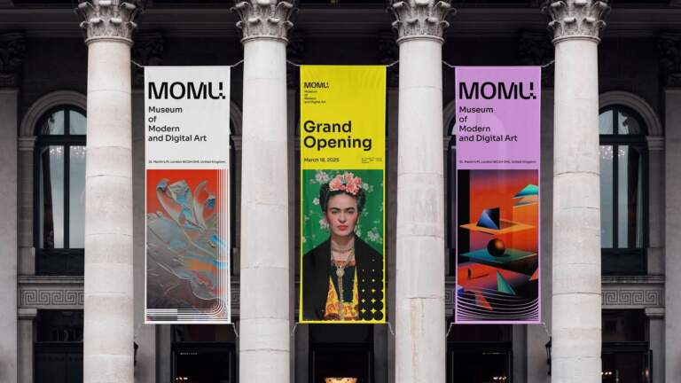 MOMU London: Hệ thống nhận diện thương hiệu lấy cảm hứng từ sự cộng hưởng và chuyển động của những bước sóng Image 1: Physical banner applications showcasing the museum brand identity design.