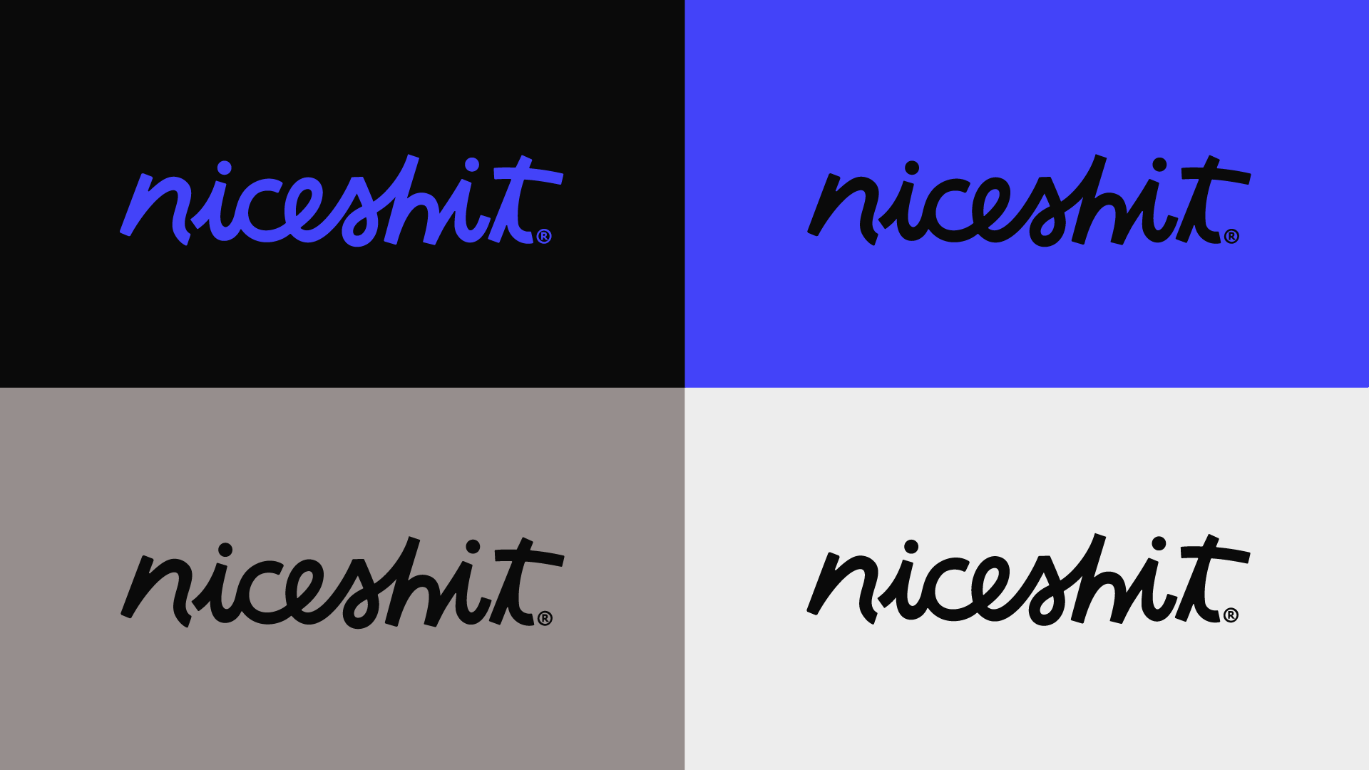 Image 1: The niceshit wordmark shown in four colorways: black, blue, grey and white.