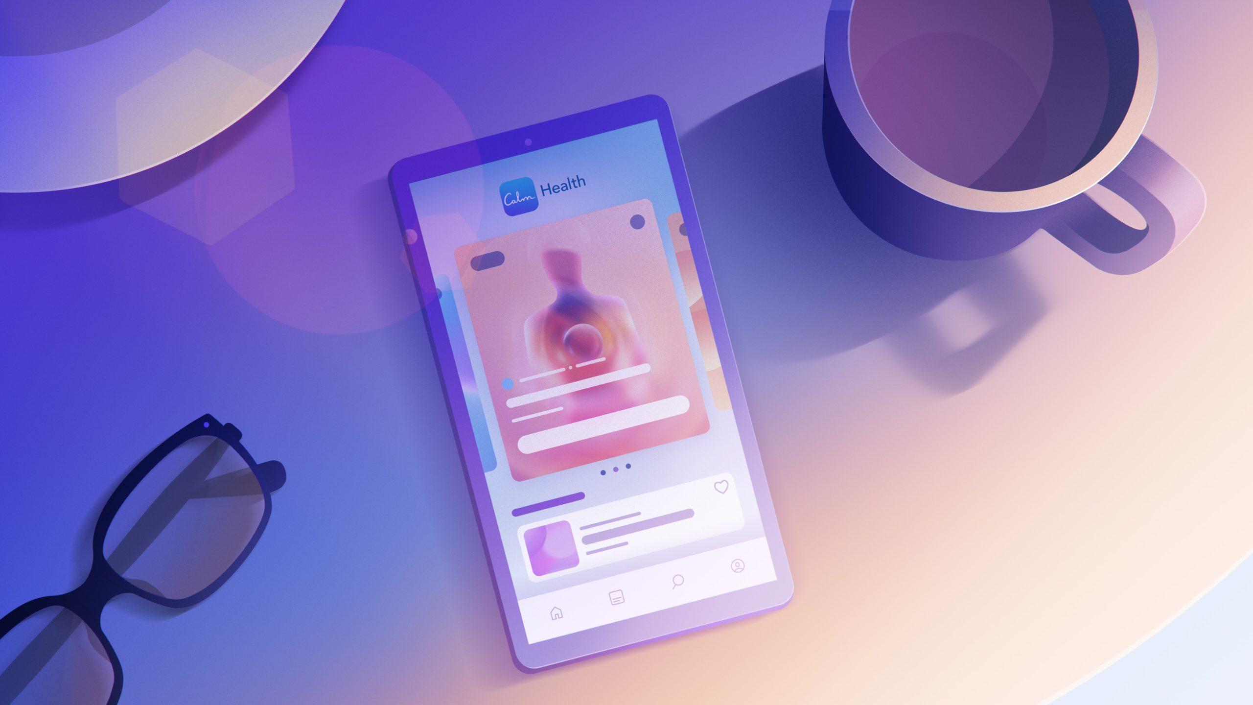 Image 4: A phone displaying the Calm Health app resting on a desk beside a cup and glasses.