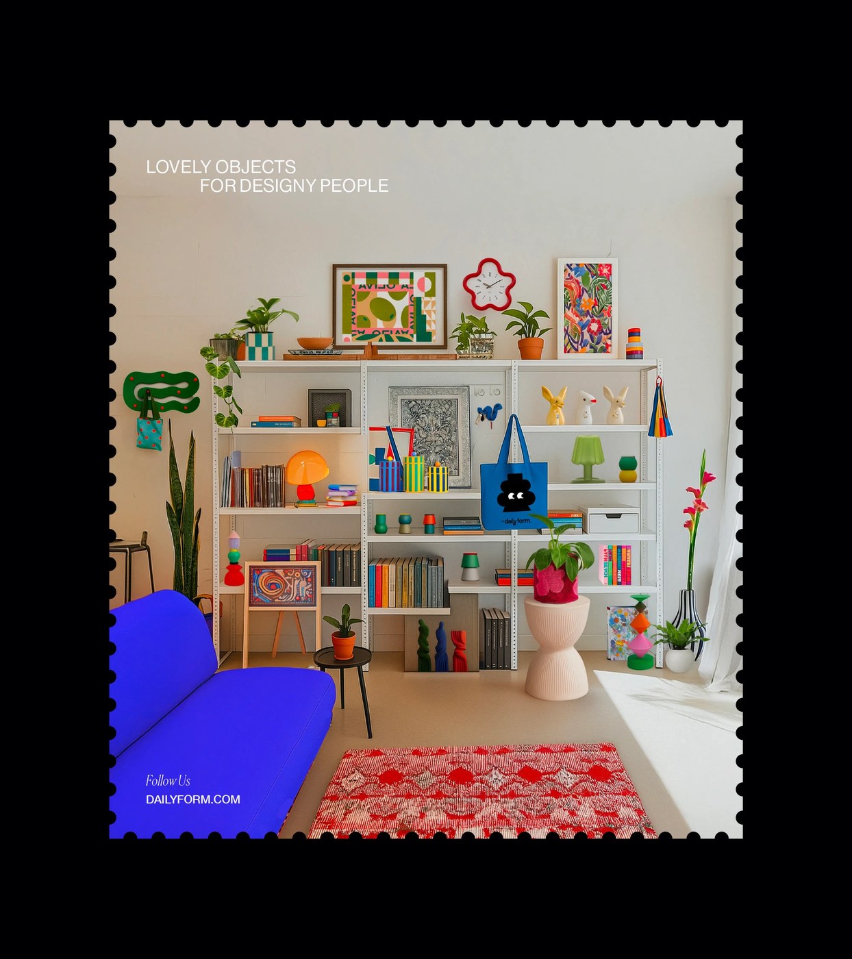 Image 2: dynamic brand identity rotating color system - The Daily Form post-stamp mockups showing curated interior items