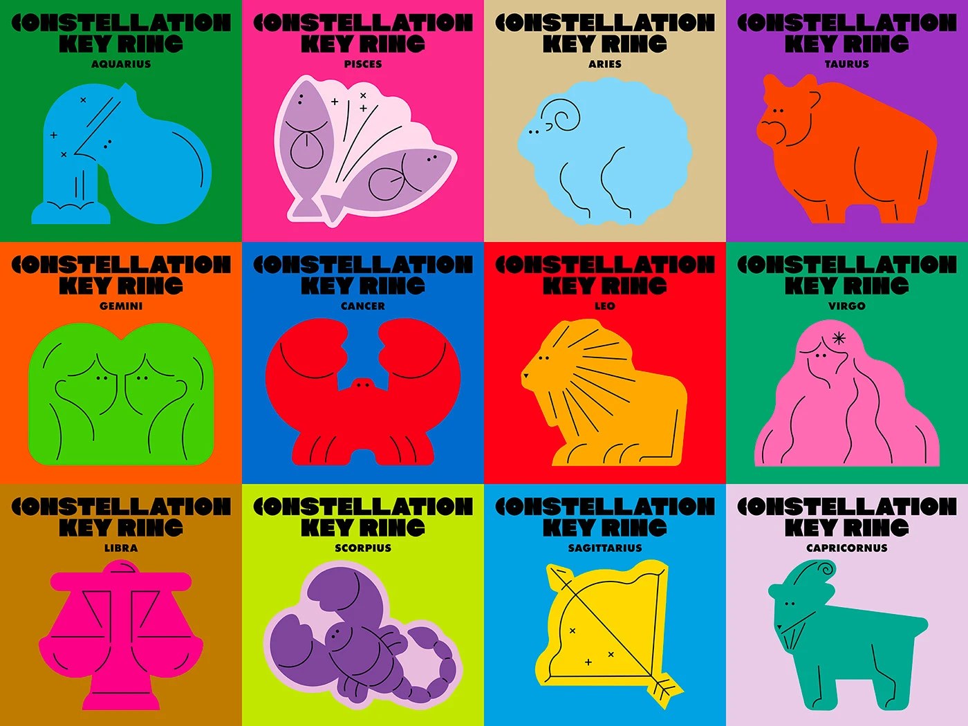 Image 2: Constellation packaging design — 12 zodiac sign boxes in flat saturated colors