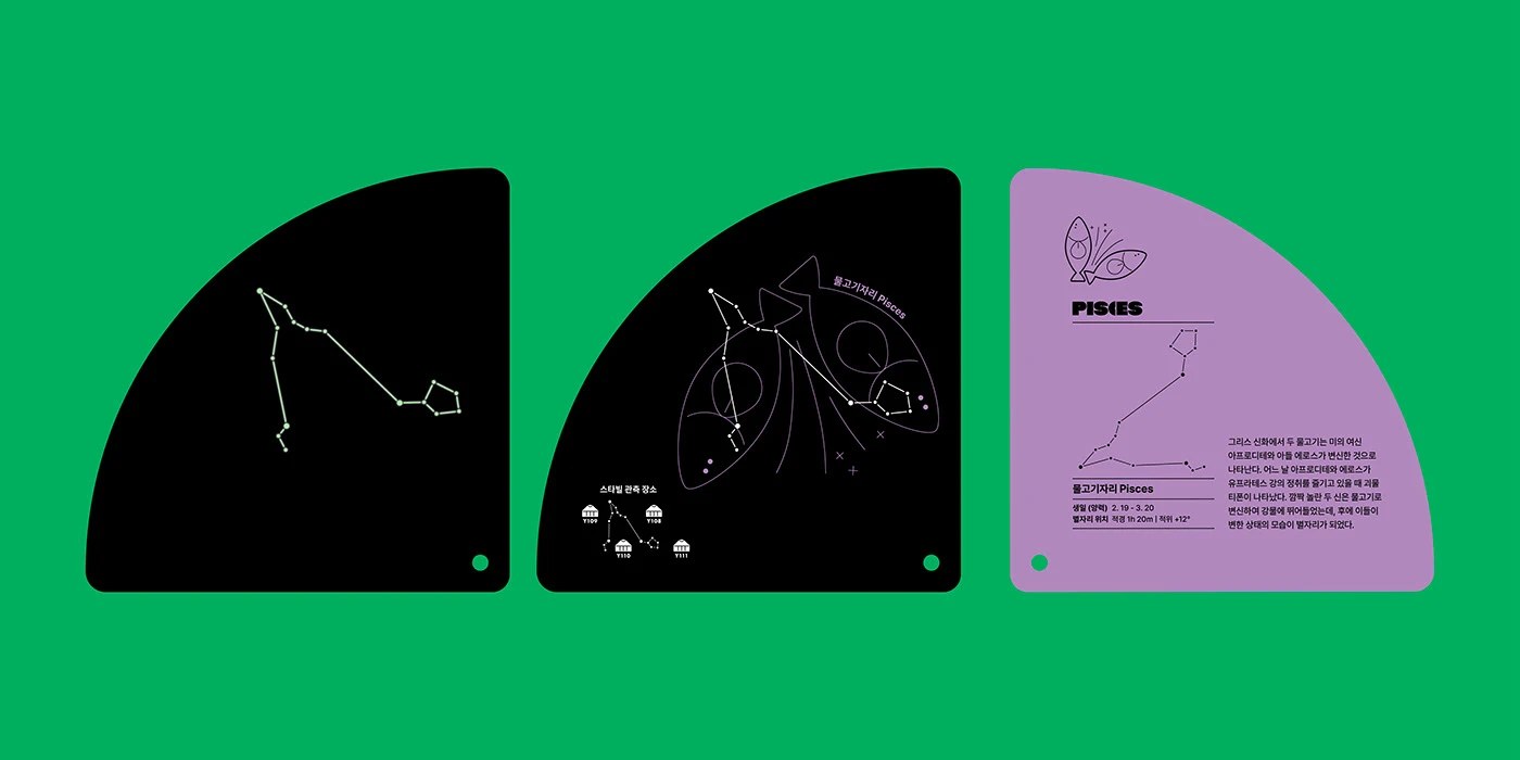 Image 7: MAUM STUDIO constellation packaging design — observation booklet fan cards on acid green