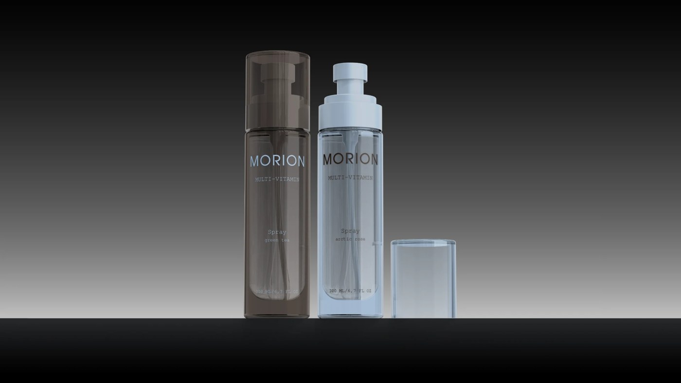 Image 7: Cosmetics packaging design presenting a perfume bottle with a round grey cap and a clean typography label.