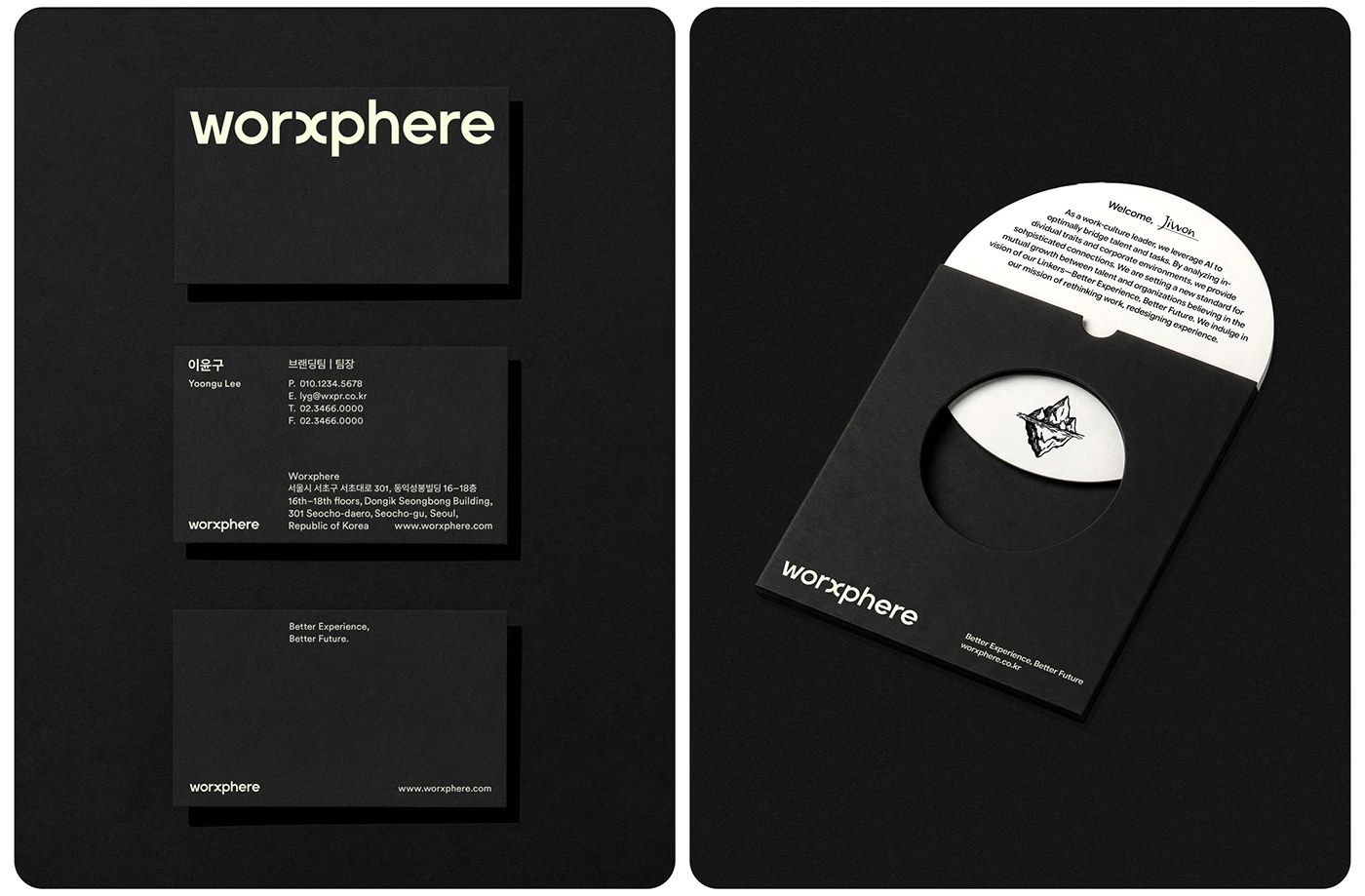 Image 5: Worxphere brand identity black collateral flat-lay notebook tote sphere