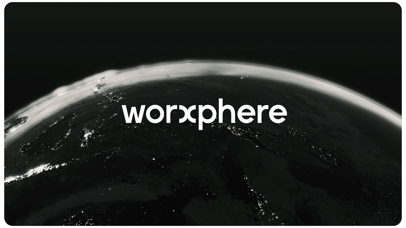 Image 1: Worxphere brand identity wordmark over dark globe by Plus X