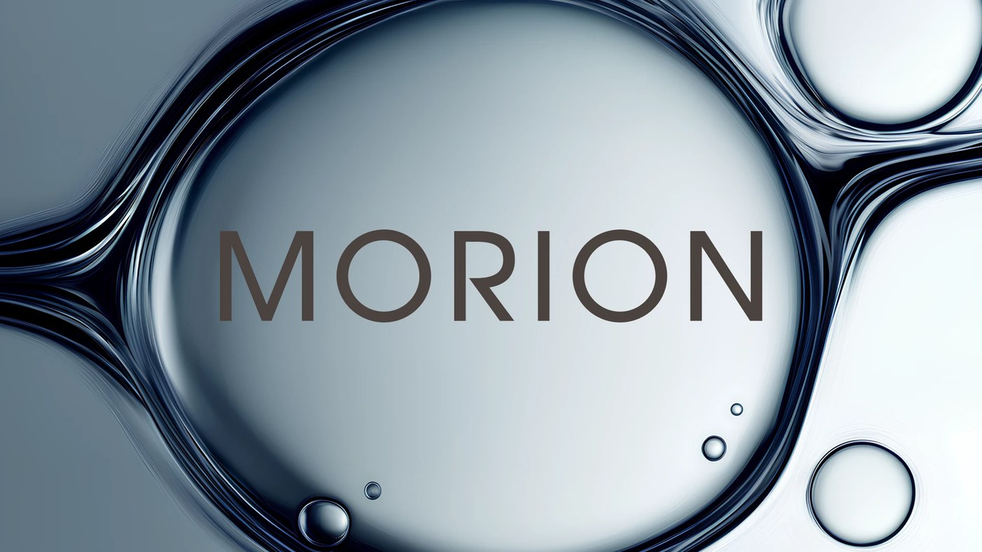 Image 1: Cosmetics packaging design for MORION skincare, featuring clinical slate grey glass dropper bottles and cream tubs arranged in a clean studio setting.