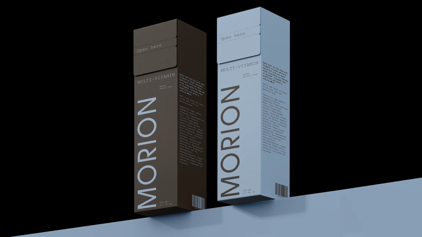 Image 8: Cosmetics packaging design with MORION skincare products arranged elegantly on a textured stone surface with shadows.