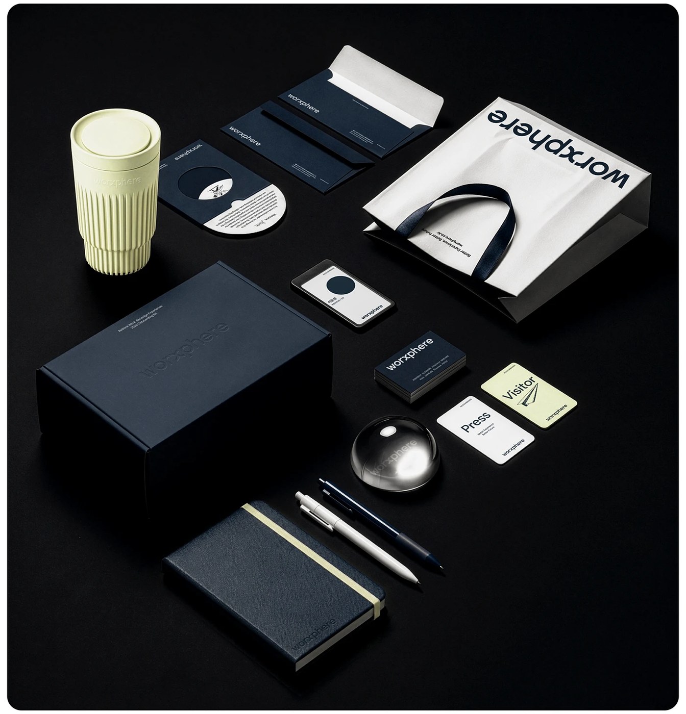 Image 3: Worxphere brand identity color palette deep navy and acid-green