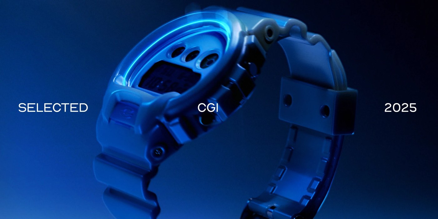 Image 1: CGI product visualization design of a translucent blue digital watch with neon glow