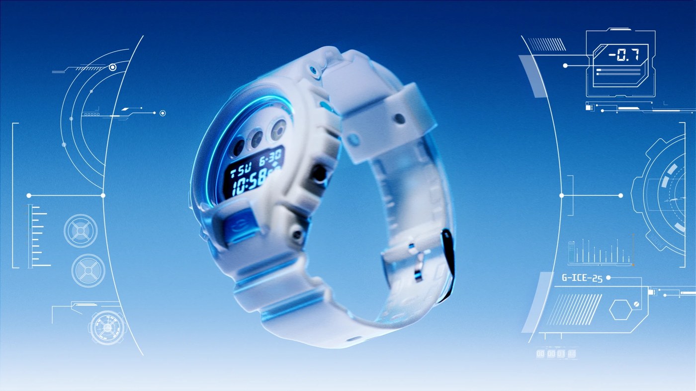 Image 3: CGI product visualization design of a translucent watch against a blue gradient with HUD graphics