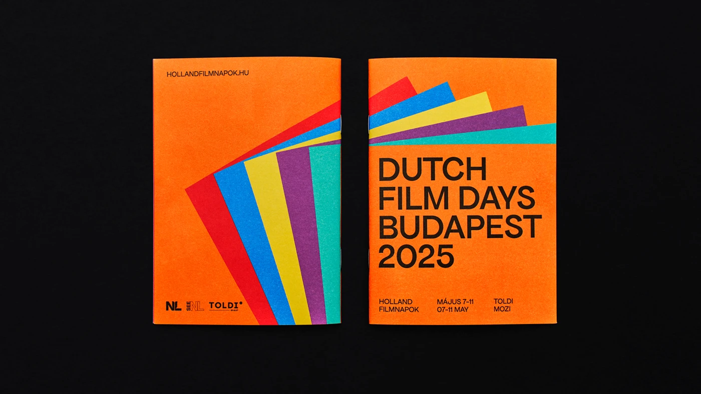 Image 1: Color-coded program cards showing five distinct daily hues against Dutch orange — Dutch Film Days festival branding