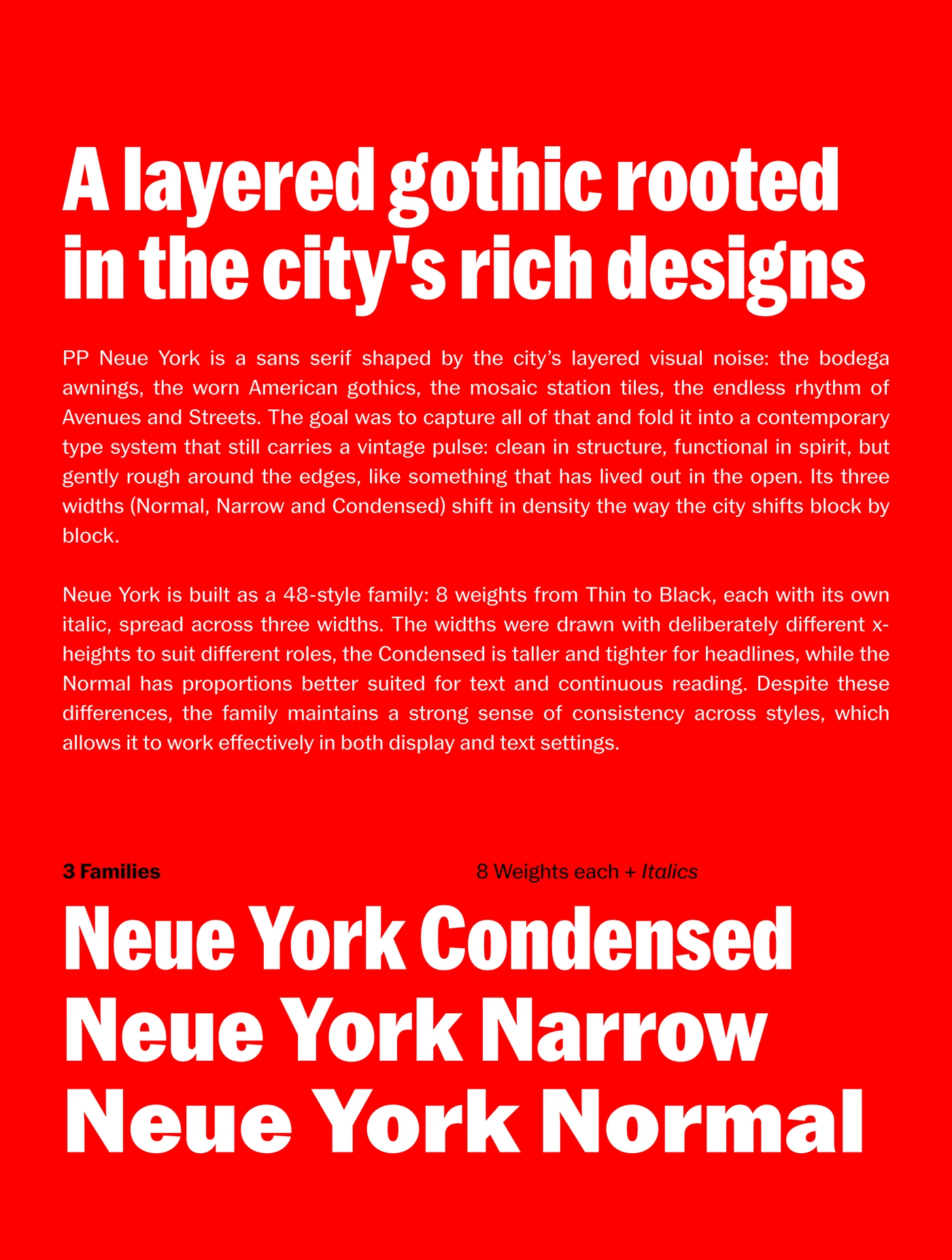 Image 1: PP Neue York weight range from Thin to Black — all eight weights stacked in a single specimen