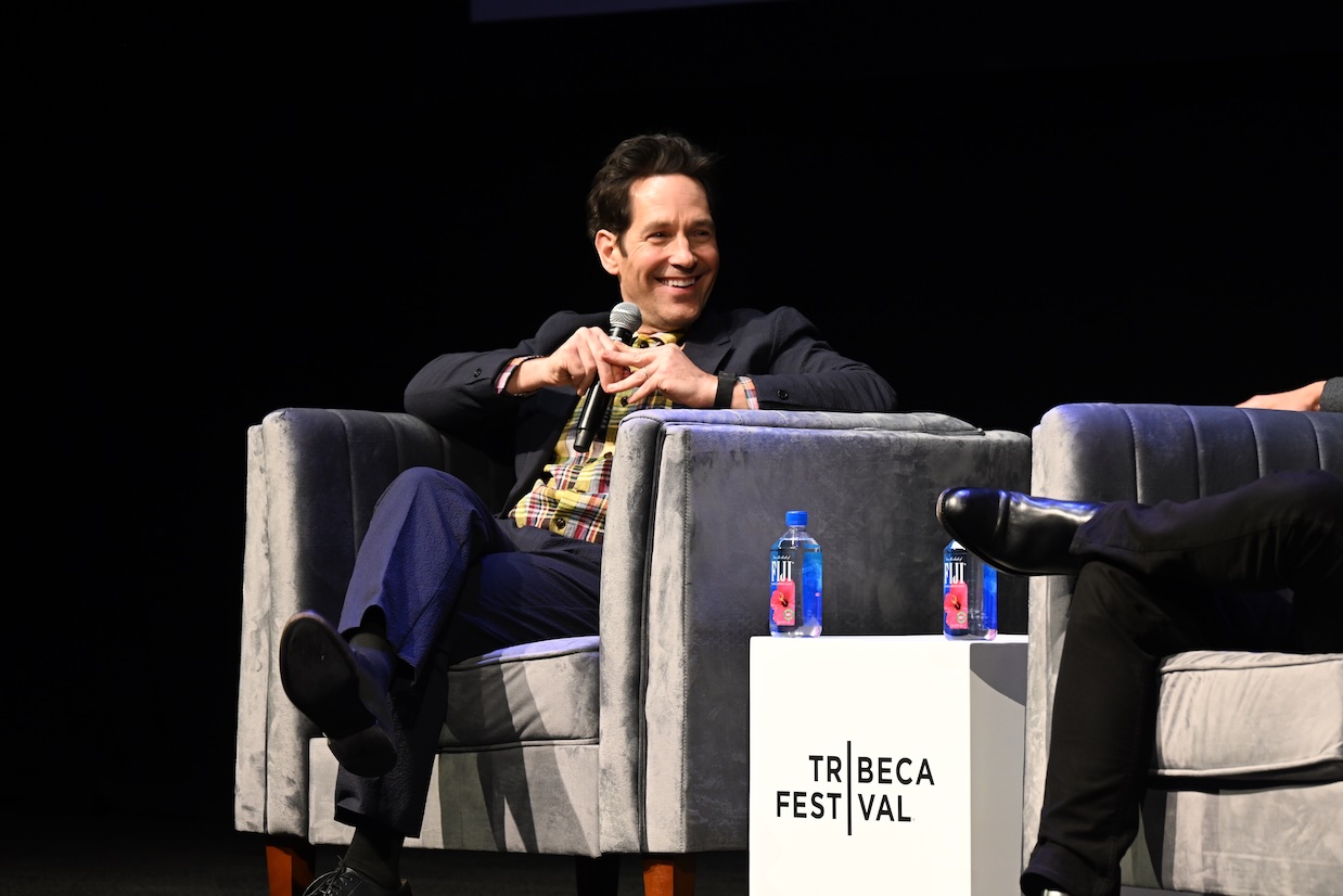 Image 4: Paul Rudd and Seth Meyers laughing on stage during their conversation at the 2026 Tribeca Festival