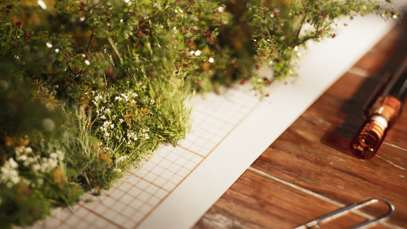 Image 3: Wildflowers and ground cover growing along the edge of graph paper with a pen — Food Forest Ketelbroek CGI