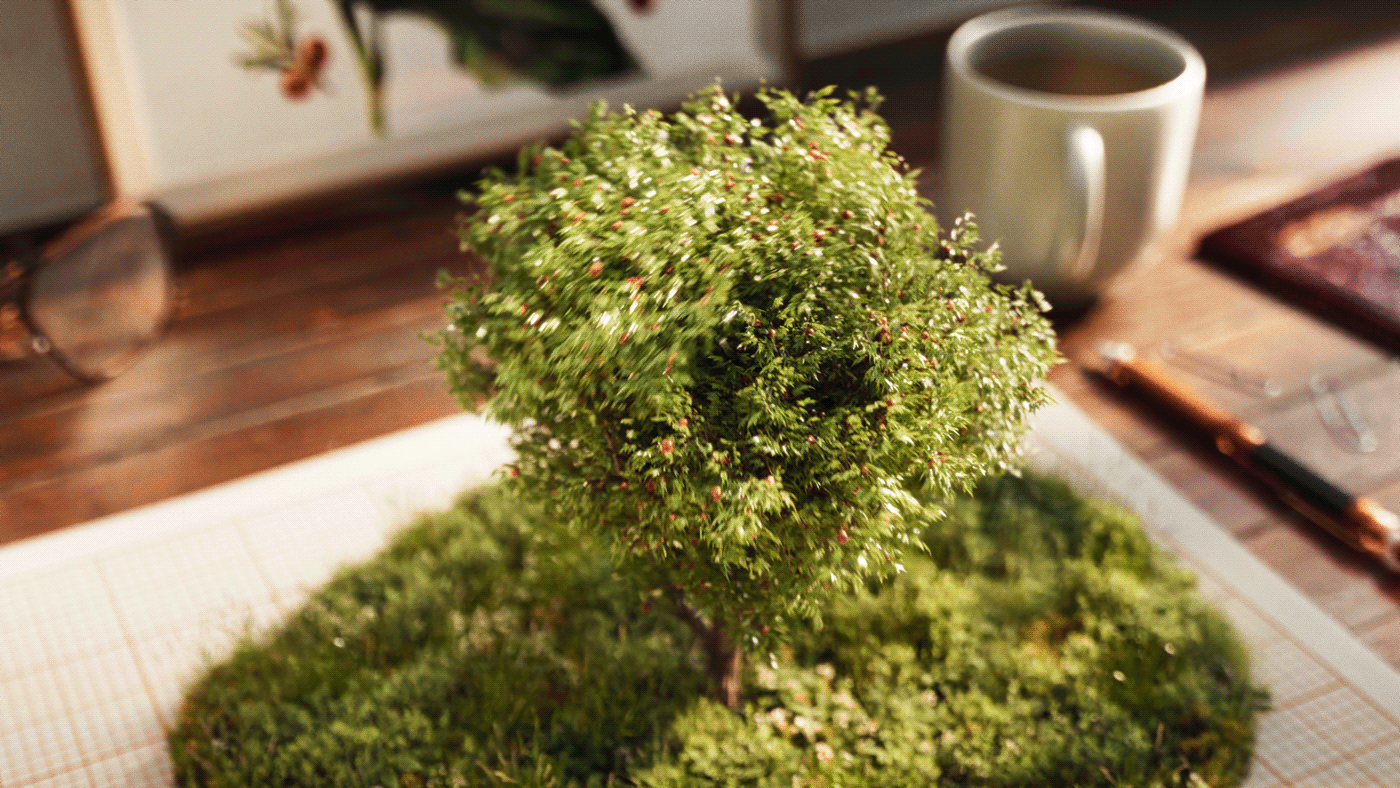 Image 4: Single miniature tree on a moss island atop graph paper, coffee cup and books in the background — Food Forest Ketelbroek CGI