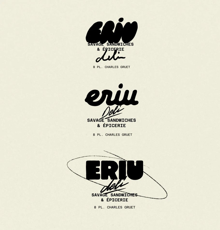 Image 2: Eriu Deli takeaway bag and signage system showing monochromatic palette across print — handcrafted branding identity
