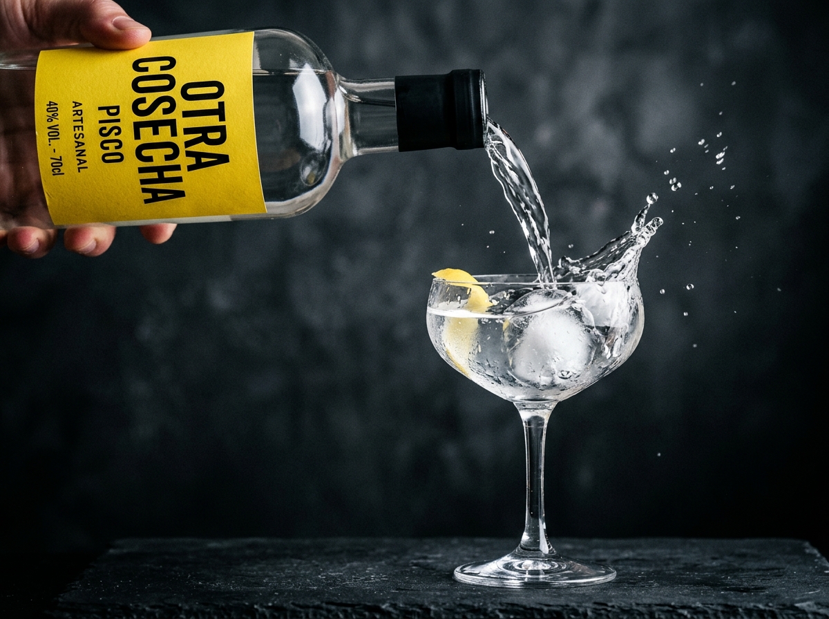 Image 5: Close up action photo of pisco bottle pouring drink highlighting clear branding typography